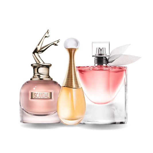 Kombination aus 3 Düften SCANDAL, J'ADORE and LA VIE EST BELLE 100 ml